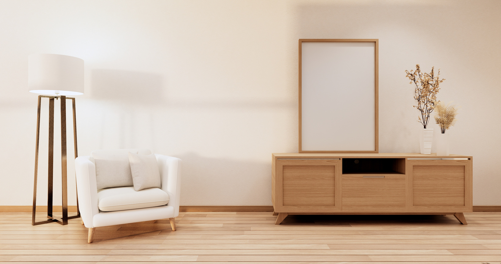 Minimalist - Modern Room Interior with Cabinet TV and Armchair,